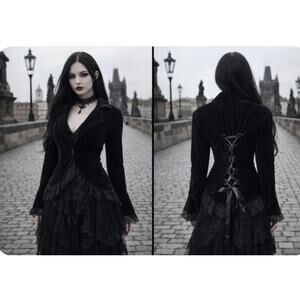 Chic Star Black Velvet Lace Trim Corset Back Whimsy Gothic Blazer Jacket M